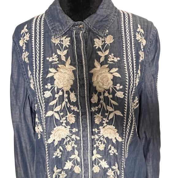 Sundance Driftwood Auger Falls Chambray Denim Floral Embroidered Shirt — Sz S - Picture 10 of 12